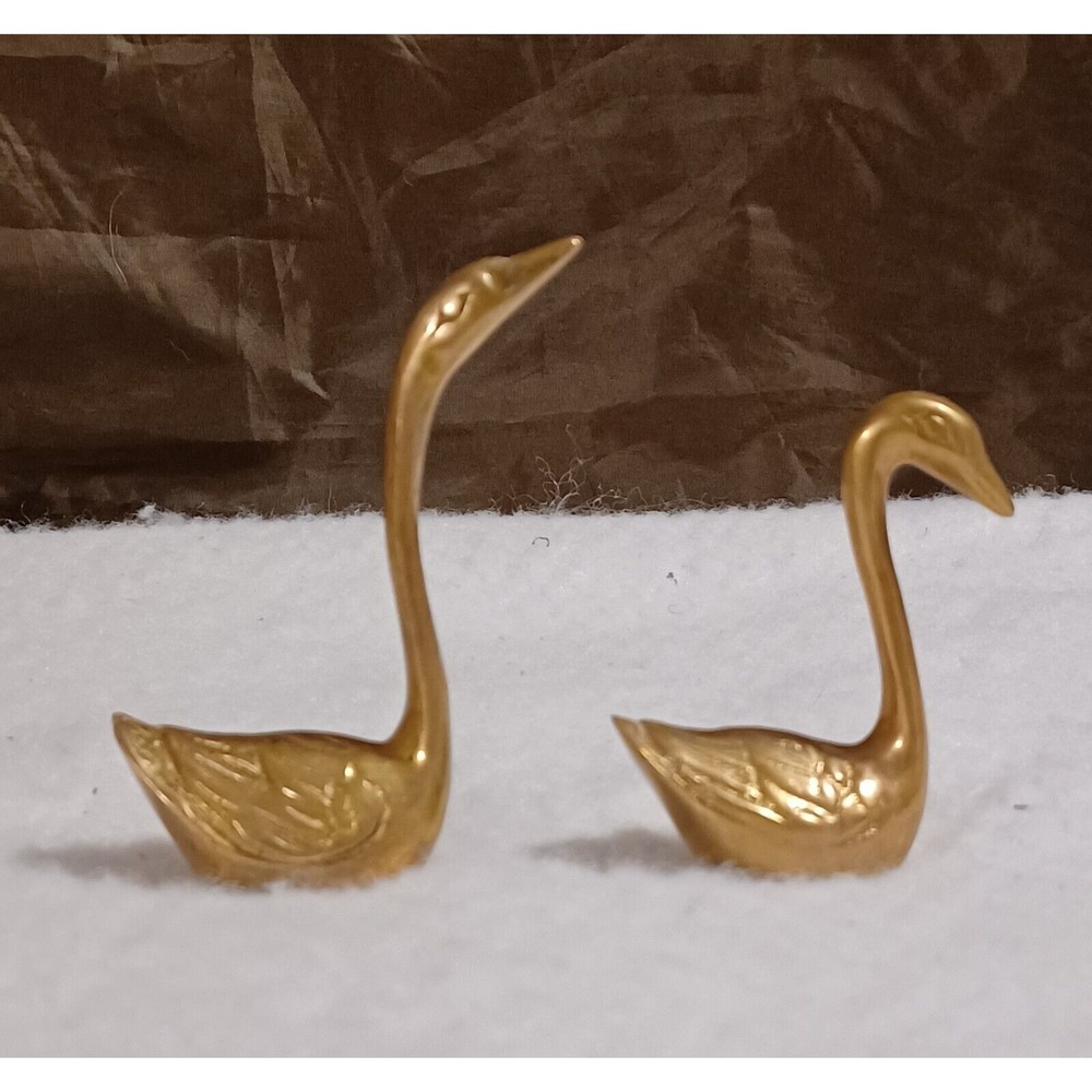 Vintage Pair (2) Solid Brass Swans Geese Birds Small Detailed Figurines No Brand